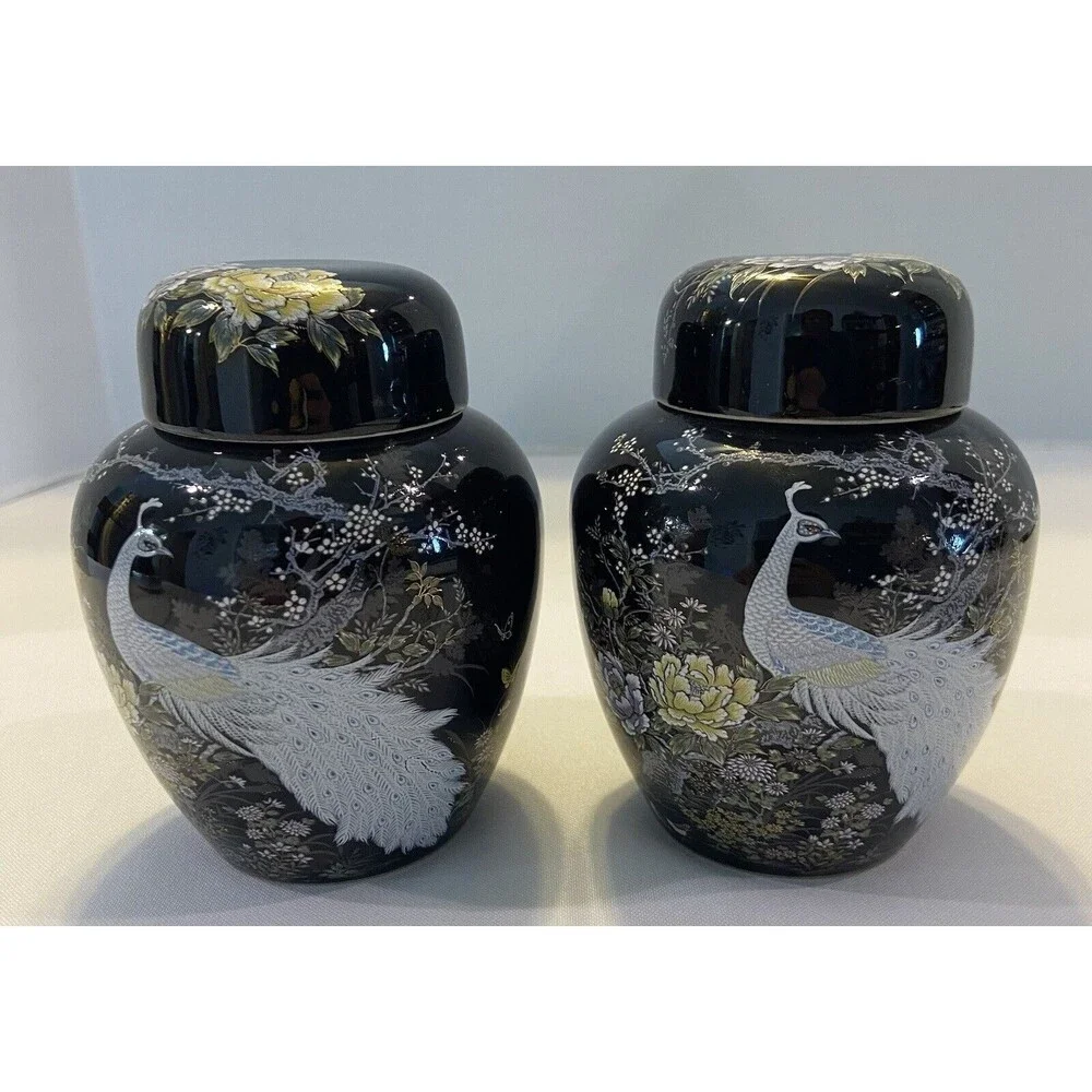 SHIBATA, 2 Hand Painted Peacock Black Ceramic Ginger Jars